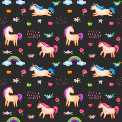 Seamless pattern. Cute watercolor unicorn isolated on dark gray background. Beautiful watercolor unicorn illustration. Magic trendy pink cartoon horse perfect for nursery print and poster design. © Anastasia