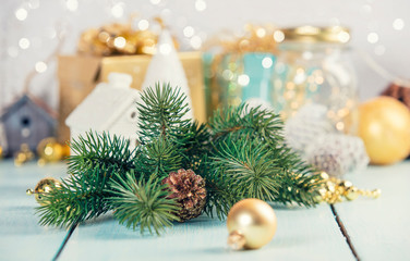 Christmas decoration on wooden background, horizontal composition