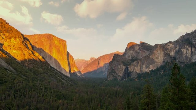 Timelapse.Landmark of Yosemite National Park at Sunset,California,United States.Front View of Popular El Capitan and Half Dome.