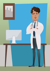 Practitioner young handsome smart guy doctor man in hospital medical office.Medicine employee and workers jobs and professions professional concept Vector illustration cartoon character.