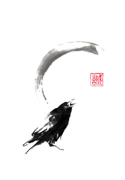 Japanese style sumi-e painting with crow and moon