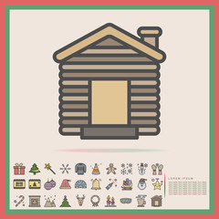 winter wooden house color line icon set, vector, illustration