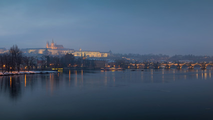 Winter Prague Lesser Town with gothic Castle with Charles Bridge, Czech republic