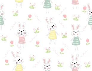 Papier Peint photo autocollant Lapin Animal de modèle sans couture de dessin animé mignon lapin avec fleur sur fond de couleur blanche.vector, illustration.