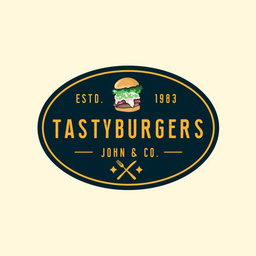 vintage styled burger themed logotype with grunge effect and burger illustration as a main element of the logo