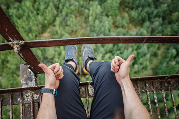 Work at height, panoramic view from height. rope jumping