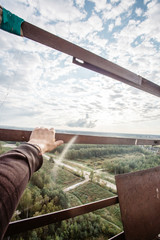 Work at height, panoramic view from height. rope jumping