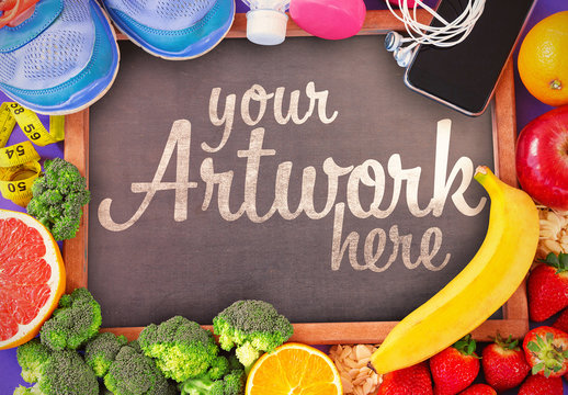 Chalkboard with Produce and Workout Accessories Mockup