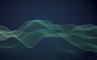 Abstract landscape background. Cyberspace green grid. Hi-tech network. 3D illustration