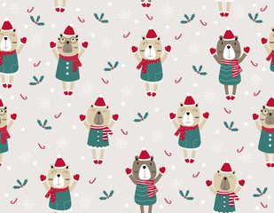 Cute cartoon seamless pattern animal .Christmas illustration with funny bears.