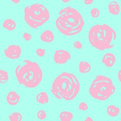 Psychedelic seamless pattern with chaotic pink round elements on blue background. Abstract fashion trendy vector texture with hand drawn scratched circles for textile, wrapping paper, surface