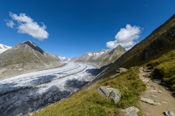 Aletsch glacier area wanderweg hiking trail mountain view in Bettmeralp to Fiescheralp trail
