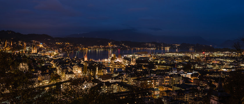 Night wide panoramic view on Luzern city from Gutsch view point