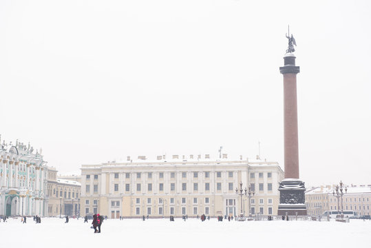 Palace square and Alexander Columnin in winter St. petersburg, Russia