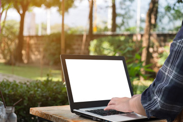 Woman used computer laptop mock up on screen, business freelance, concept idea, copy space