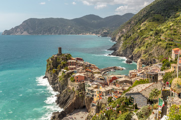 Manarola Village in Cinque Terre at evening time. Long exposure photo.