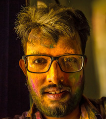 After Holi self portrait/ selfie- a selfie with colours on my face- after Holi, festival of colours