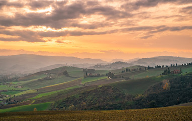 The hills in the southwest of Bologna  production area of typical wine named Pignoletto. Bologna province, Emilia Romagna, Italy. © GiorgioMorara