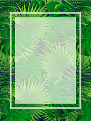 Rainforest vector frame. tropical plants illustration. Jungle background with exotic palms leaves, foliage texture. vertical border. beautiful tropic wallpaper. For card, sale, travel, summer designs.