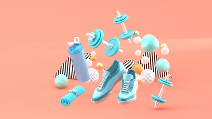 Dumbbell,Running Shoes ,Blue Towel Among the colorful balls on the pink background.-3d render..
