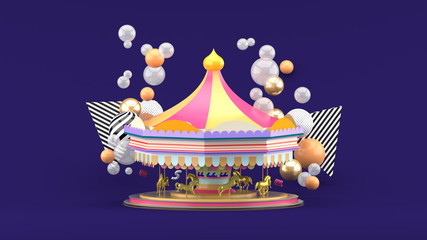 Carousel among colorful balls on purple background.-3d render.
