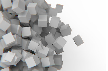 White cubes 3D illustration on white background. Abstract geometric shape from white cubes background.
