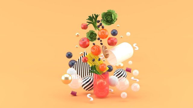 The food floats out of the capsule amidst colorful balls on the orange background.-3d render..