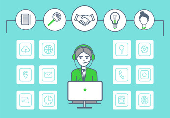 Fototapeta na wymiar Male Working in Call Center and Icons Set Vector