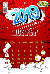 2019 retro style comic book calendar template For August. Pop art style background. Colored vector poster illustration.