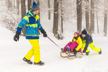 Naklejka premium Friends having fun on the snow sliding with a little sled