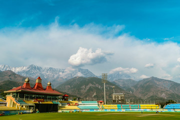 World's highest altitude international cricket stadium, HpCA Cricket Stadium with Dhauladhar Range surrounding it. Kangra Valley