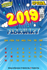 2019 retro style comic book calendar template For February. Pop art style background. Colored vector poster illustration.