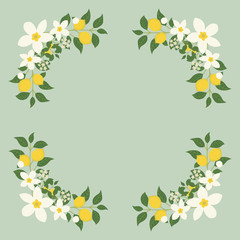 Floral greeting card and invitation template for wedding or birthday anniversary, Vector square shape of text box label and frame, Lemon flowers wreath ivy style with branch and leaves.