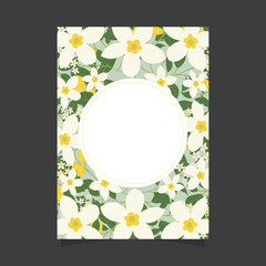 Common size of floral greeting card and invitation template for wedding or birthday anniversary, Vector shape of text box label and frame, Lemon flowers wreath ivy style with branch and leaves.