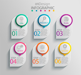 Paper infographic template with 6 options for presentation and data visualization. Business process chart.Diagram with six steps to success.For content, flowchart, workflow.Vector illustration