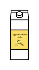 Vector line icon of flavored vegan vanilla poppy seed milk isolated on a white background. Plant based non dairy alternative. Icon of carton box with label with illustration of poppy.