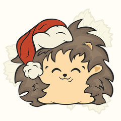Cute Christmas cartoon hedgehog character in Santa's hat with pompon vector image isolated on white. Funny hedgehog Children's Xmas design. Merry Christmas and Happy New Year Greeting card image.