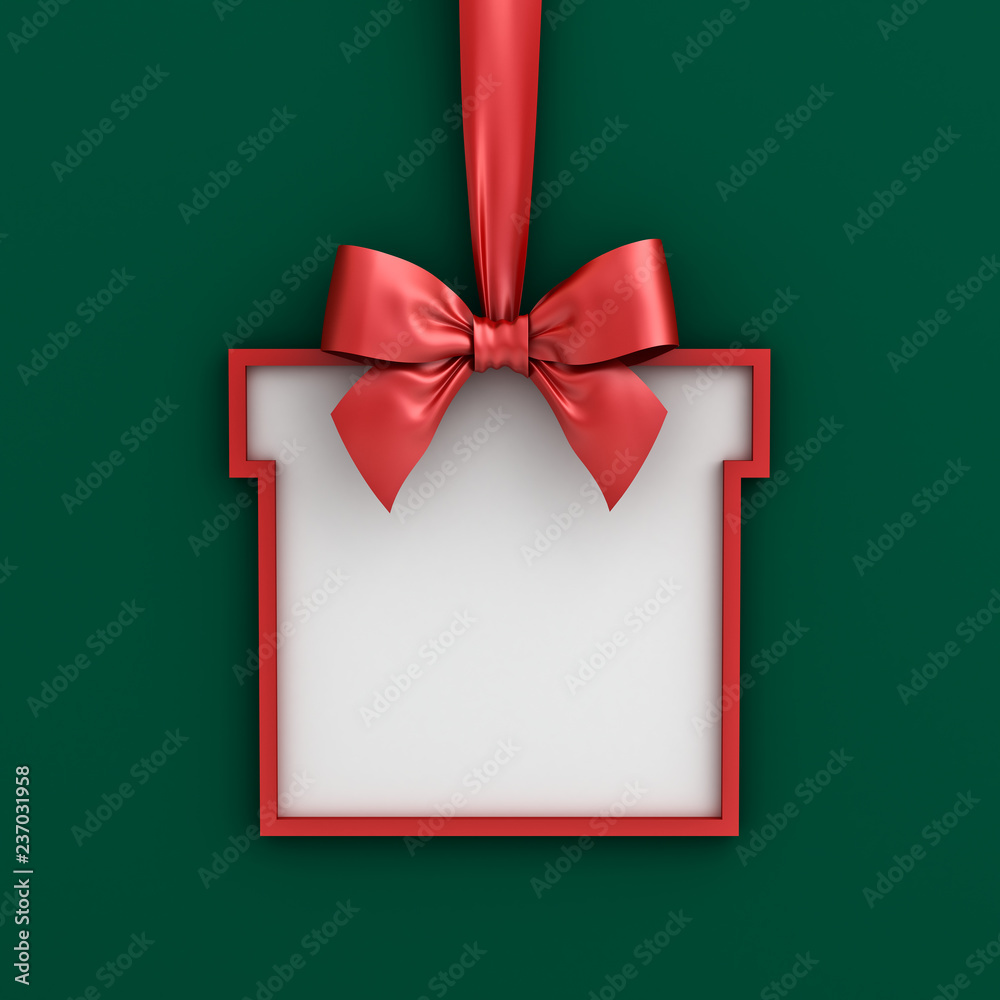 Poster blank gift box frame banner template hanging with shiny red ribbon and bow isolated on green backgro