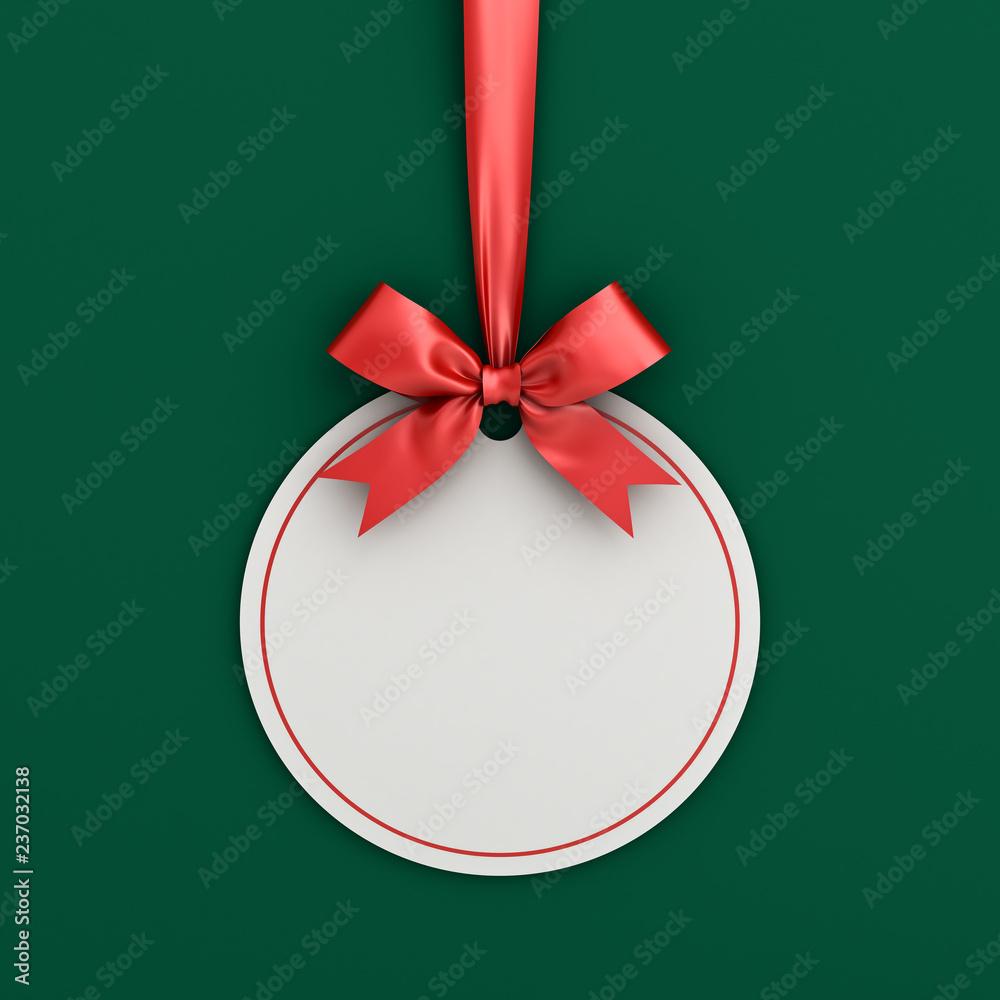 Aufkleber blank white paper round christmas ball frame tag label card template hanging with shiny red ribbon a