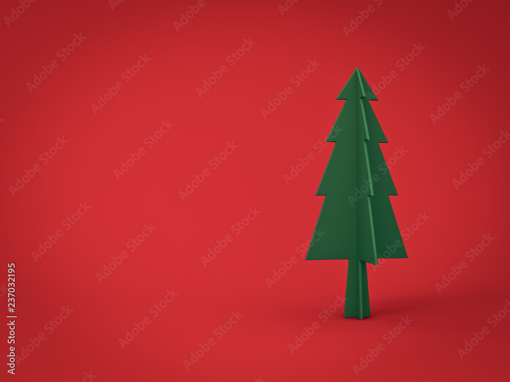 Poster green christmas tree on dark red background for christmas decoration with blank space and shadow 3d 