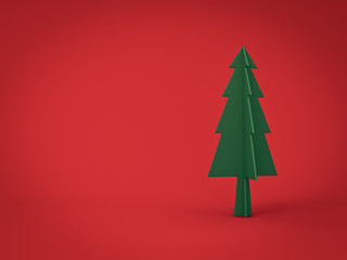 Green christmas tree on dark red  background for christmas decoration with blank space and shadow 3D rendering