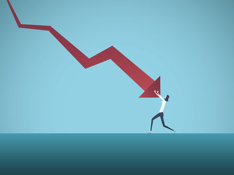 Bankrupt businesswoman pushed by downward arrow vector concept. Symbol of bankruptcy, failure, recession, crisis and financial losses on stock exchange market.