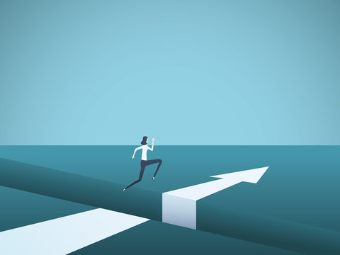 Businesswoman jumping over gap vector concept. Symbol of finding solution, success, motivation, ambition and challenge.