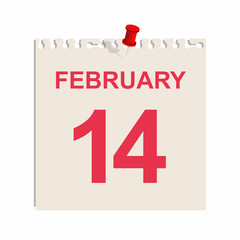 14th of February on note paper. Valentines Day