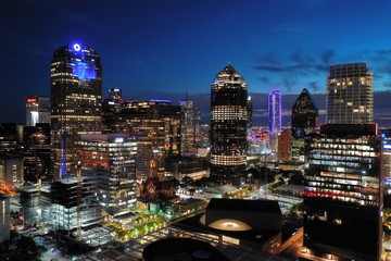 Aerial view of downtown Dallas Texas at night