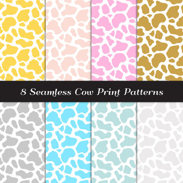 Cow Print Seamless Vector Patterns in Eight Pastel Colors. Perfect for Baby Nursery Decor or Baby Shower Backdrop. Repeating Pattern Tile Swatches Included.