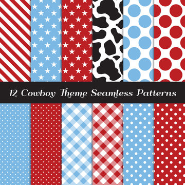 Cowboy Theme Seamless Vector Patterns with Cow Skin Print and Red, White and Baby Blue Stars, Stripes, Gingham and Polka Dots. Kids Birthday Party Backdrop. Repeating Pattern Tile Swatches Included.