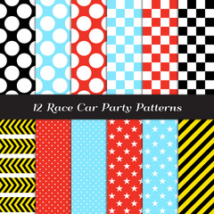 Race Car Theme Seamless Pattern Mix: Blue, Red, Black and Yellow Chevron, Checkerboard, Polka Dots, Stripes and Stars. Repeating Pattern Tile Swatches Included.