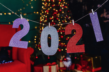 2021 numbers new year party, christmas tree