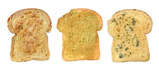 Garlic and herb bread slices isolated on white background